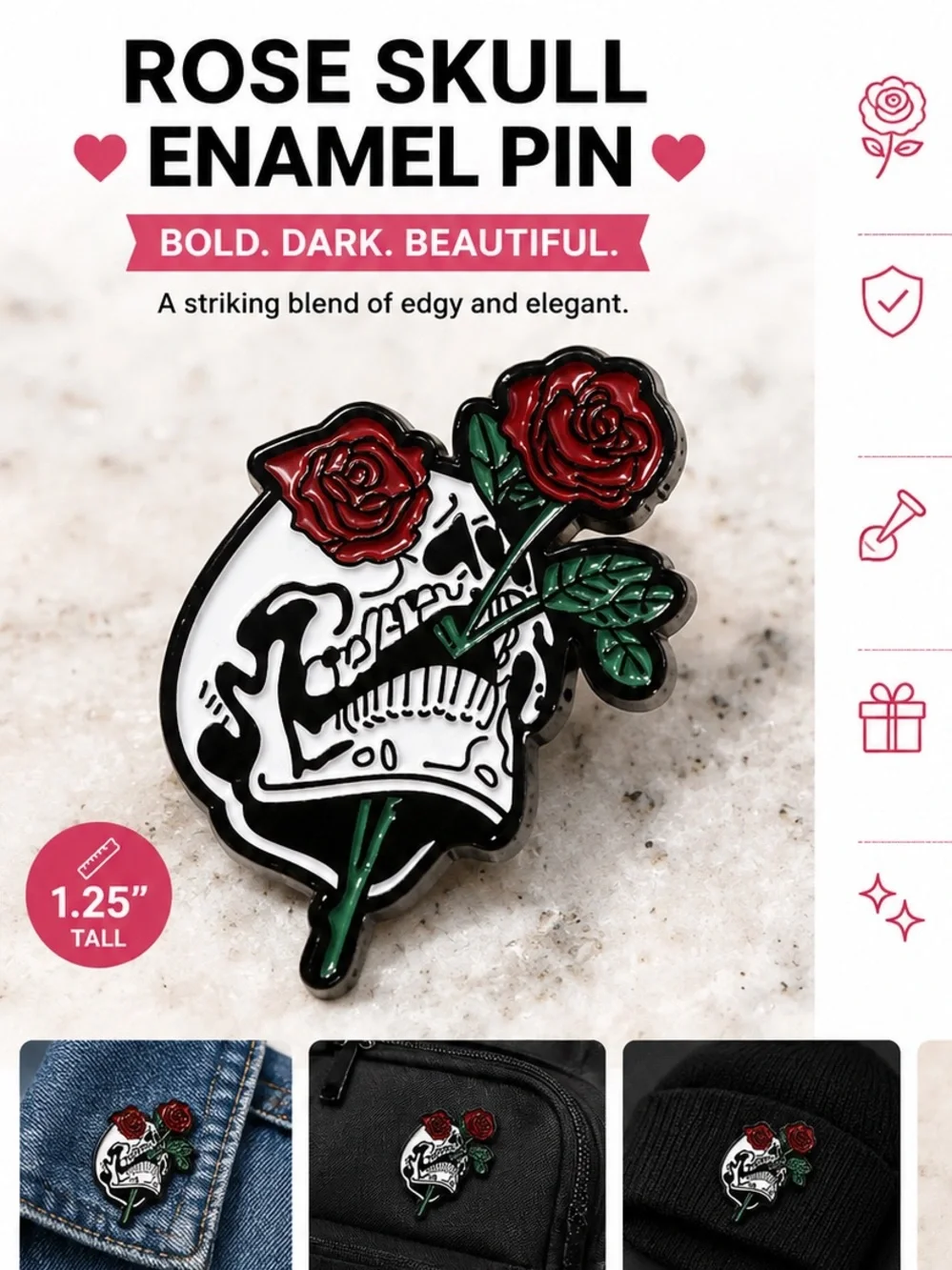 Rose Skull Enamel Pin - Red & Green - Women Jewelry Brooch